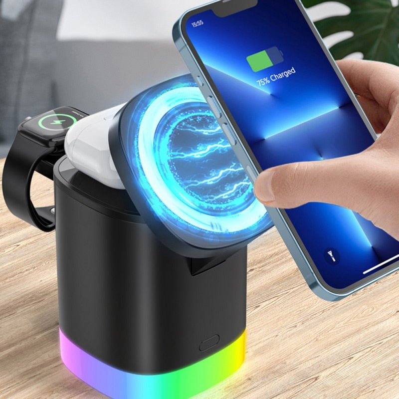 3 In 1 Magnetic Wireless Fast Charger For Smart Phone RGB Ambient Light Charging Station For Airpods IWatch - Vortex Trends