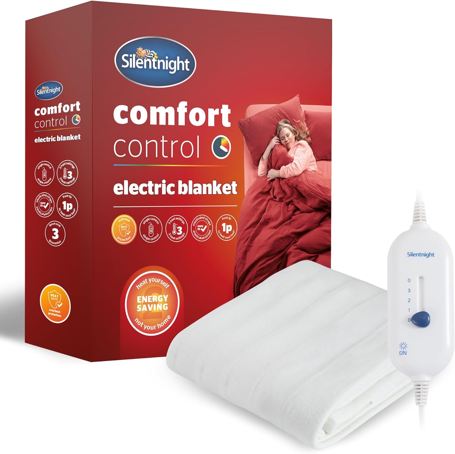 Silentnight Comfort Control Electric Blanket Double | Heated Electric Underblanket with 3 Heat Settings | Overheat Protection and Easy Fit Straps - Machine Washable