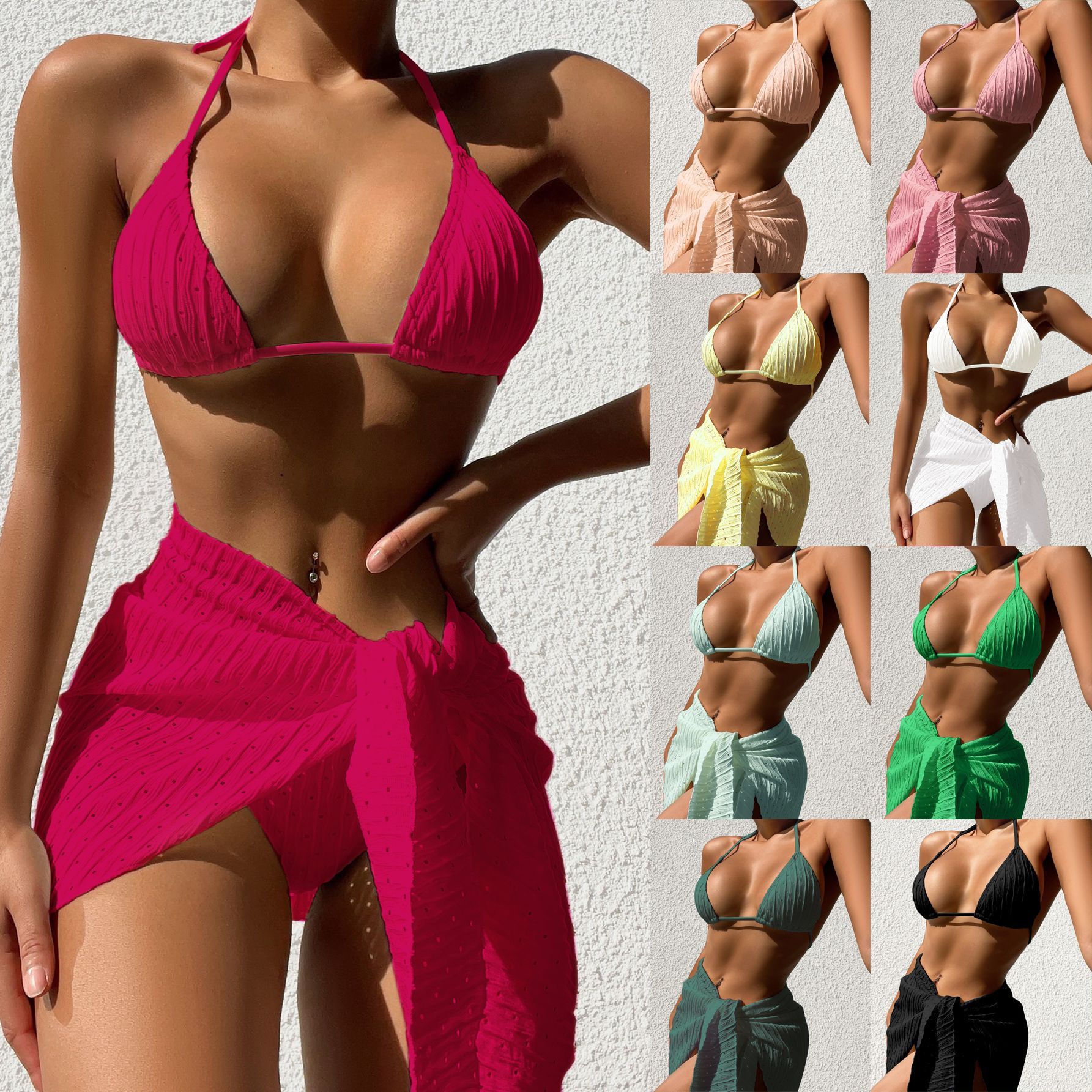 3-pcs Halterneck Swimsuit Set Beach Solid Color Sexy Backless Bikini With Mesh Skirt Summer Womens Clothing