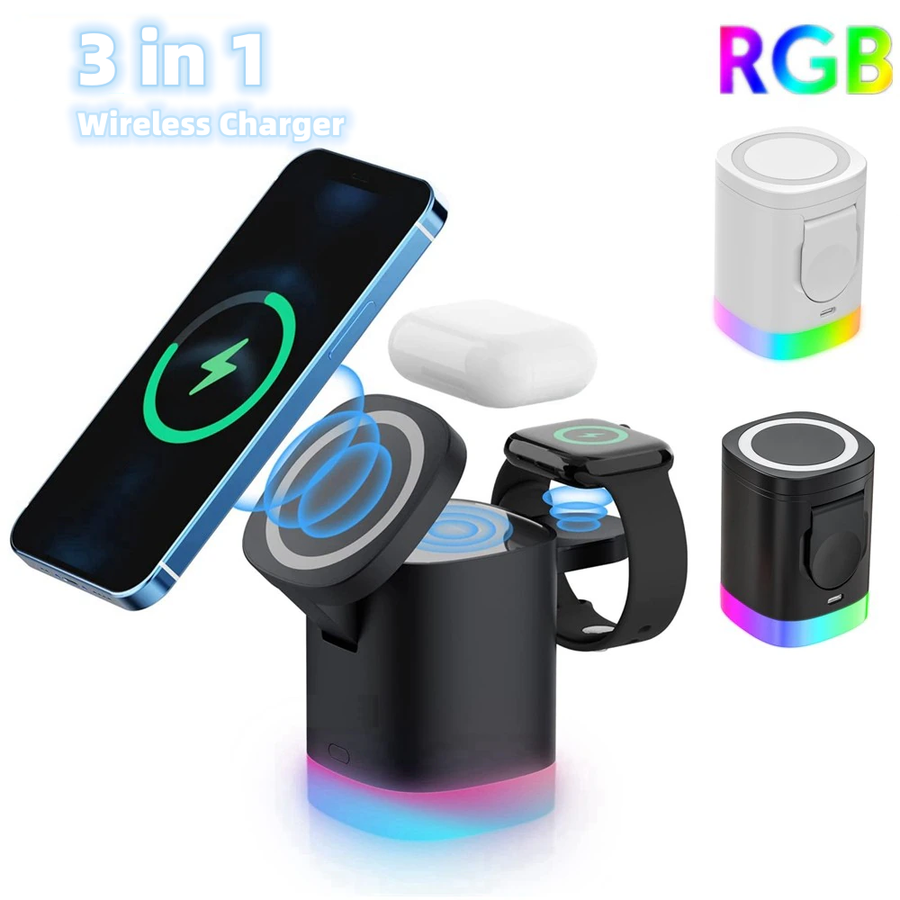 3 In 1 Magnetic Wireless Fast Charger For Smart Phone RGB Ambient Light Charging Station For Airpods IWatch - Vortex Trends